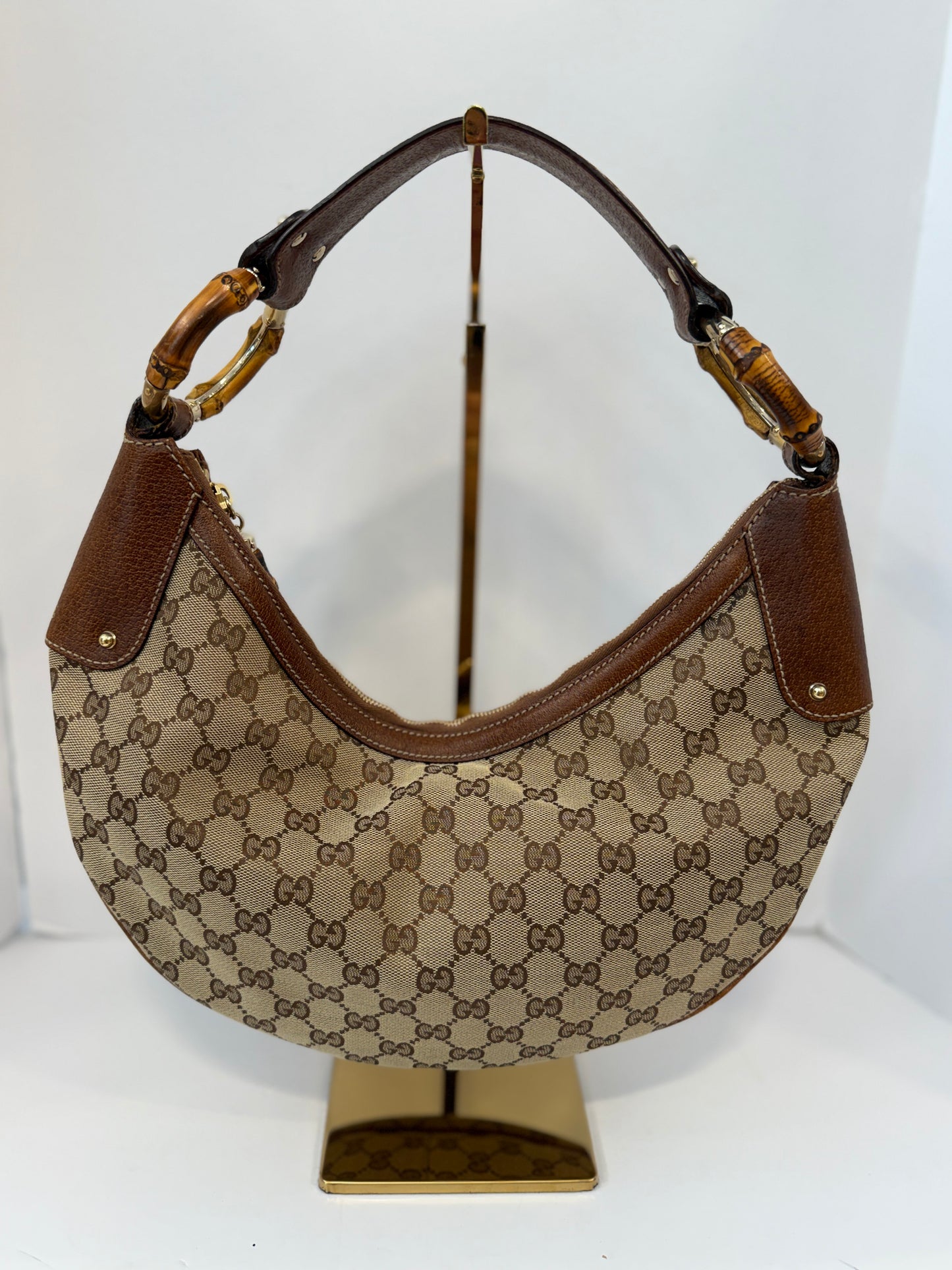 GUCCI GG Canvas Bamboo Ring Hobo Bag