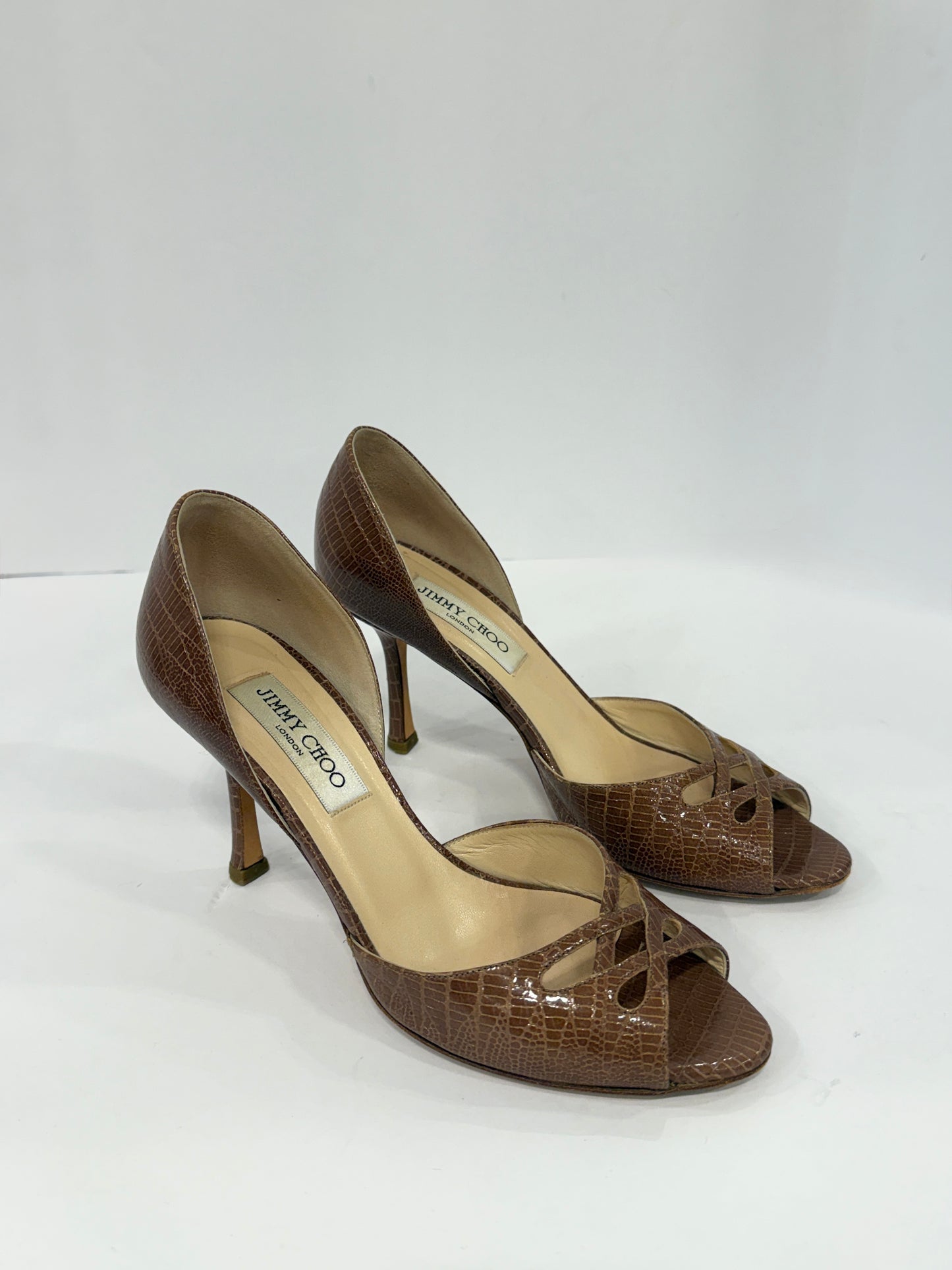 JIMMY CHOO Snakeskin Peep-toe Pump / US7-EU37.5