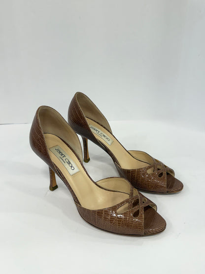 JIMMY CHOO Snakeskin Peep-toe Pump / US7-EU37.5