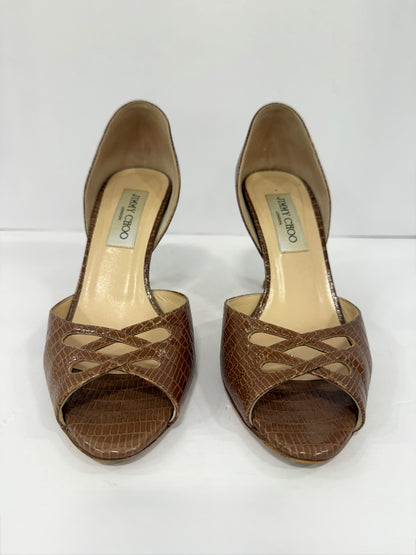 JIMMY CHOO Snakeskin Peep-toe Pump / US7-EU37.5