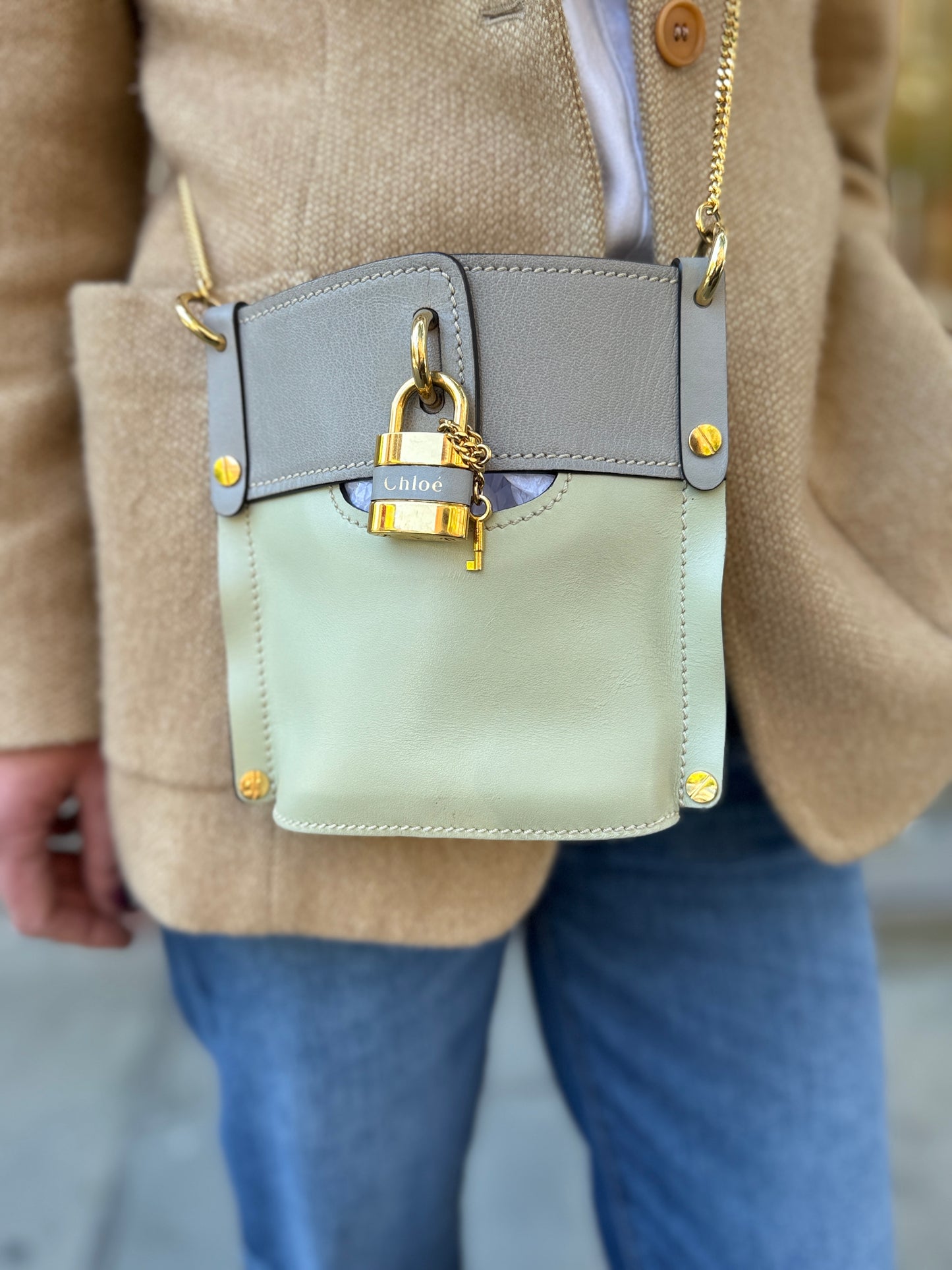 CHLOE Aby Lock Crossbody Bag in Taupe & Pistachio Leather — Authentic Pre-Owned | Padlock