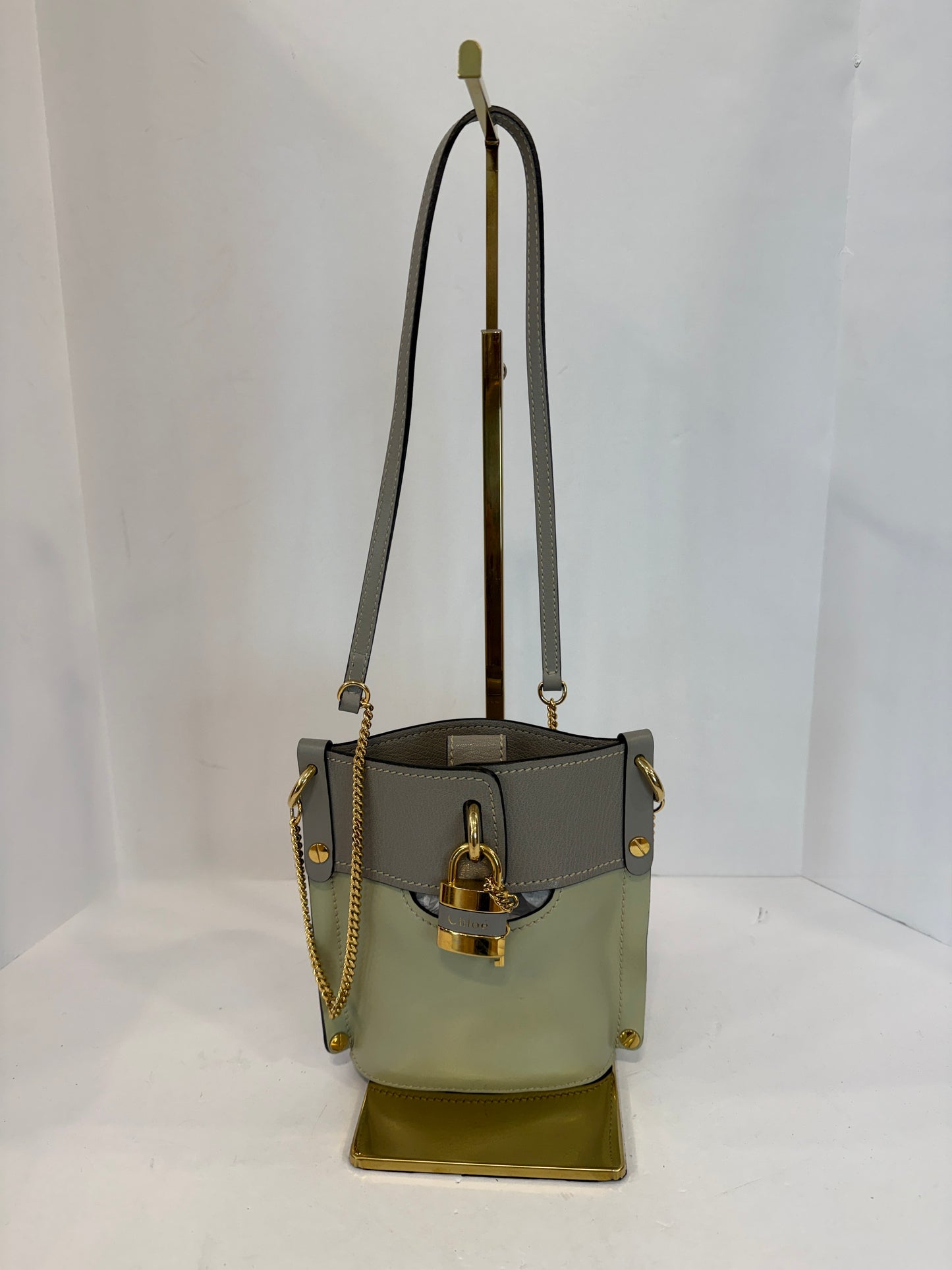 CHLOE Aby Lock Crossbody Bag in Taupe & Pistachio Leather — Authentic Pre-Owned | Padlock
