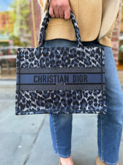 DIOR Book Tote Medium in Blue Mizza Leopard Embroidery — Authentic Pre-Owned | Maria Grazia Chiuri