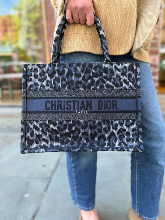 DIOR Book Tote Medium in Blue Mizza Leopard Embroidery — Authentic Pre-Owned | Maria Grazia Chiuri