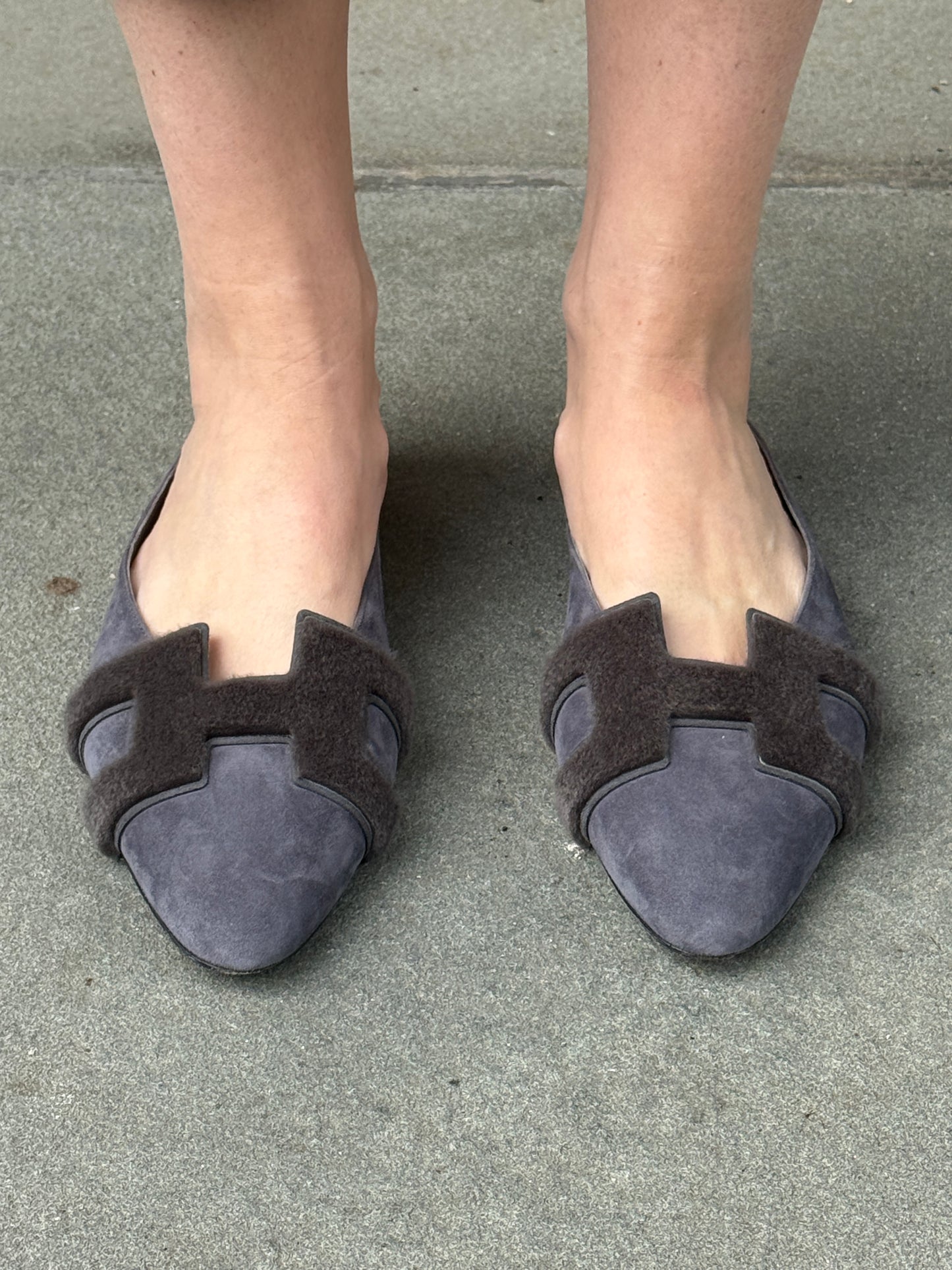 HERMES Suede & Fur Flat Mules/ US9-EU39.5