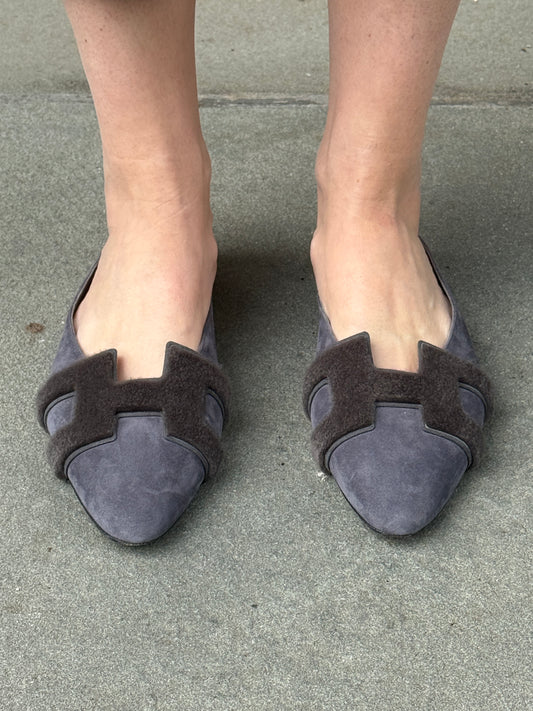 HERMES Suede & Fur Flat Mules/ US9-EU39.5