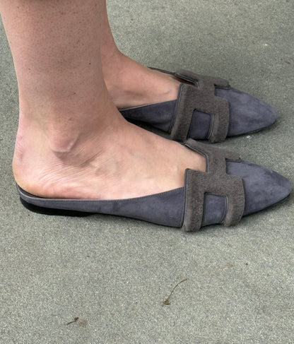 HERMES Suede & Fur Flat Mules/ US9-EU39.5