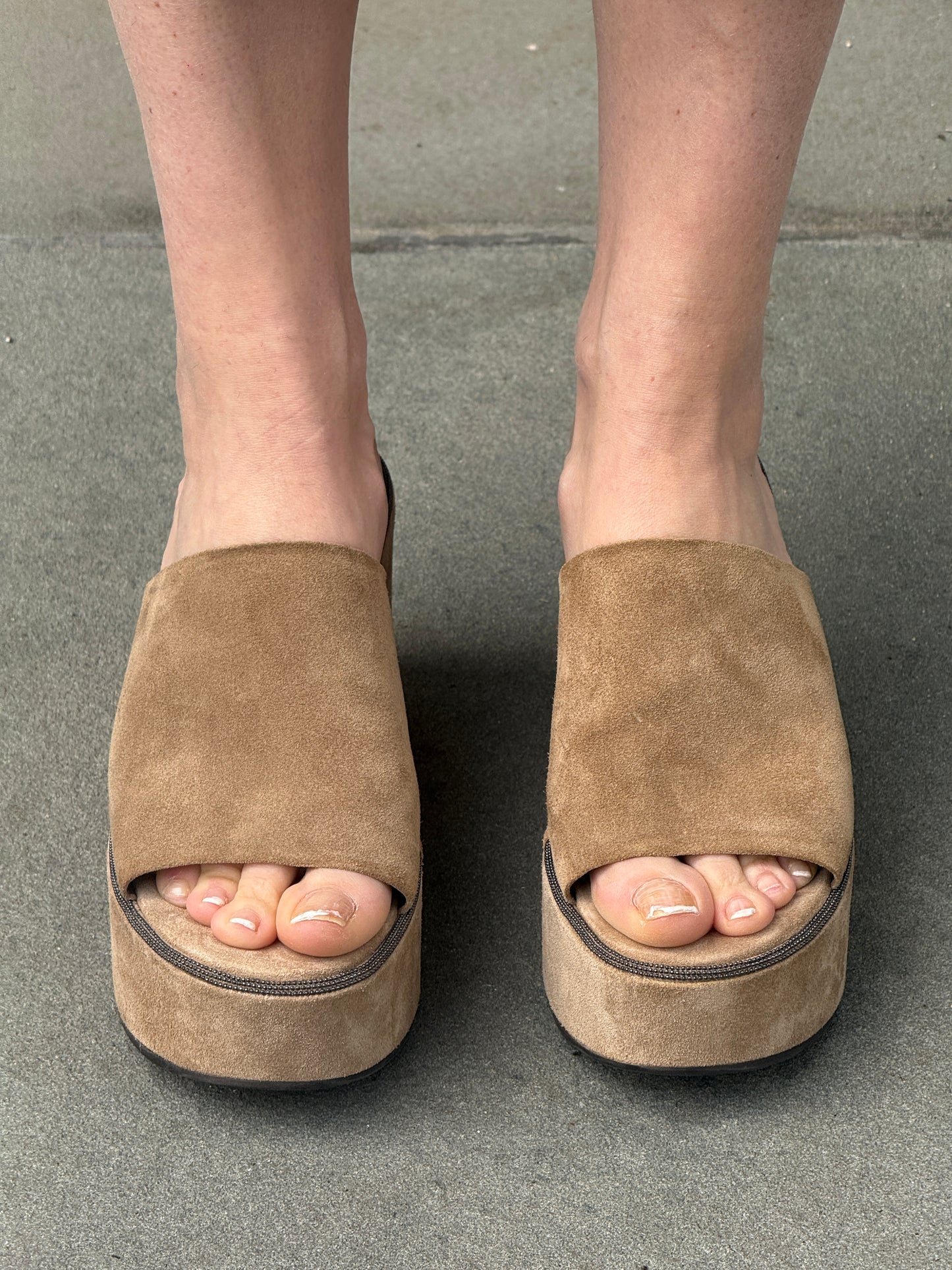 BRUNELLO CUCINELLI Beige Suede Metallic Embellishment Wedges Sandals / US7-EU38