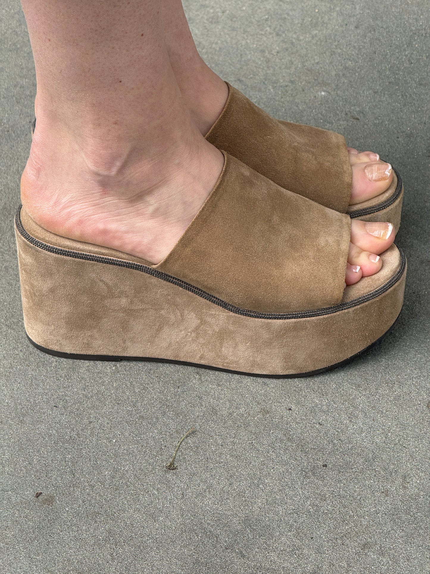 BRUNELLO CUCINELLI Beige Suede Metallic Embellishment Wedges Sandals / US7-EU38