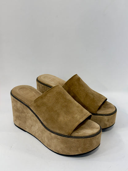 BRUNELLO CUCINELLI Beige Suede Metallic Embellishment Wedges Sandals / US7-EU38