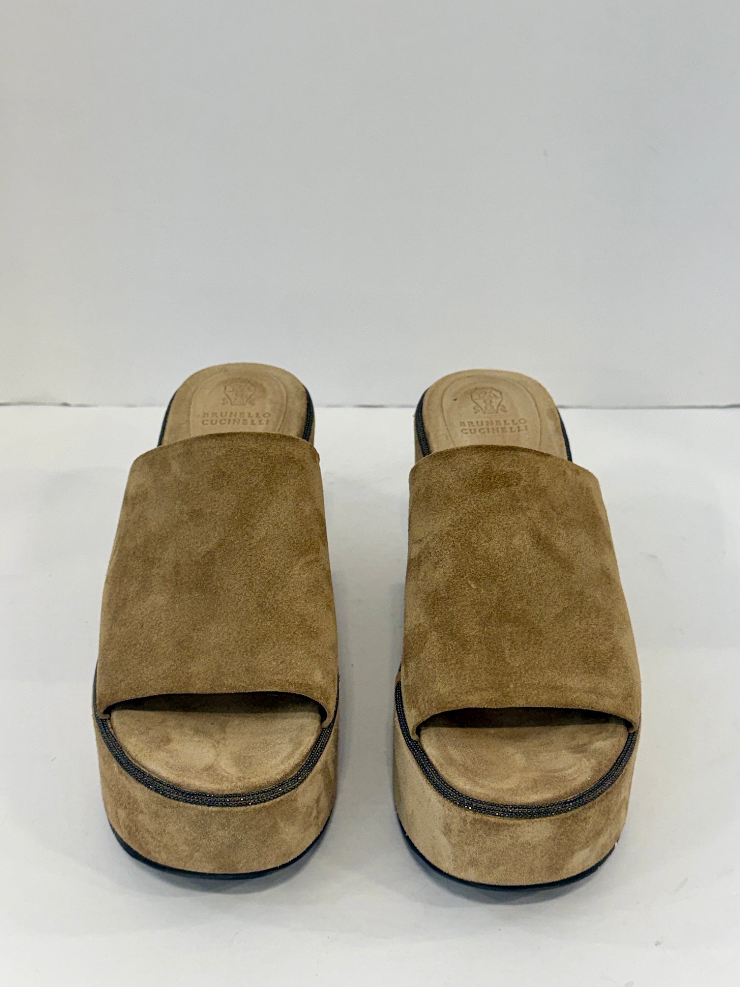 BRUNELLO CUCINELLI Beige Suede Metallic Embellishment Wedges Sandals / US7-EU38
