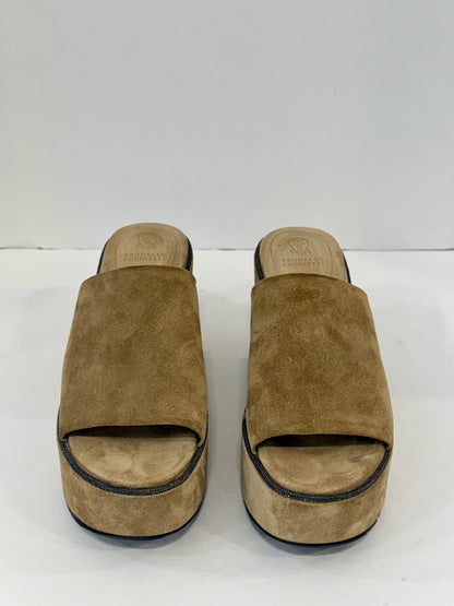 BRUNELLO CUCINELLI Beige Suede Metallic Embellishment Wedges Sandals / US7-EU38