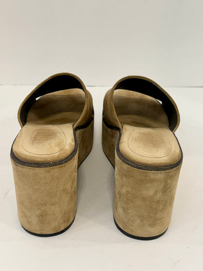 BRUNELLO CUCINELLI Beige Suede Metallic Embellishment Wedges Sandals / US7-EU38
