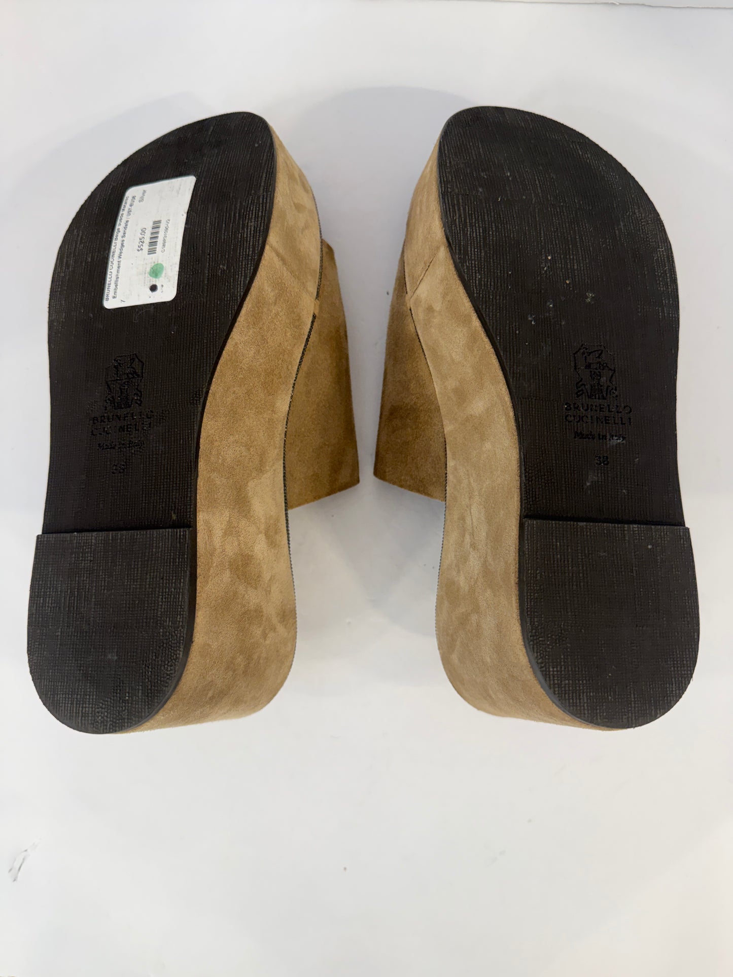 BRUNELLO CUCINELLI Beige Suede Metallic Embellishment Wedges Sandals / US7-EU38