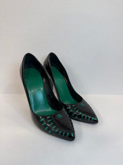 CHANEL Black Patent Leather Pumps with Green Leather Corset Lacing — Authentic | EU 38.5 / US 7.5