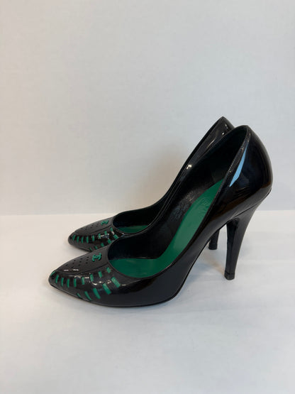 CHANEL Black Patent Leather Pumps with Green Leather Corset Lacing — Authentic | EU 38.5 / US 7.5