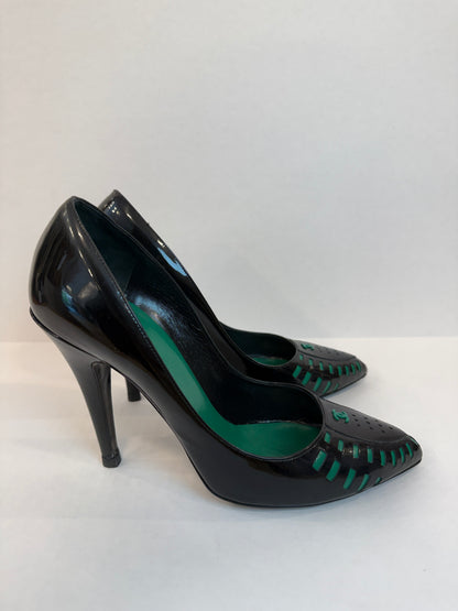 CHANEL Black Patent Leather Pumps with Green Leather Corset Lacing — Authentic | EU 38.5 / US 7.5