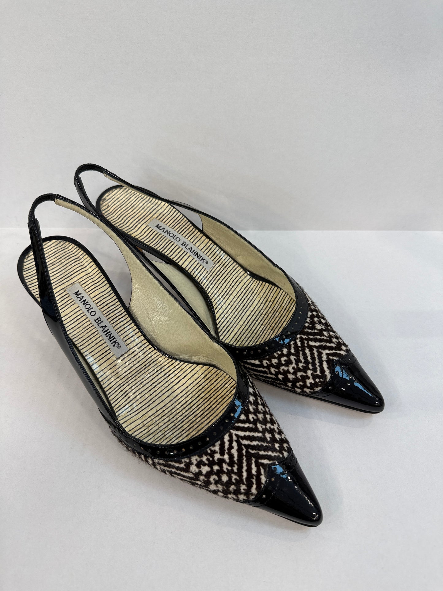 MANOLO BLAHNIK Leather & Pony hair Carolyne Kitty Heels Slingback/US8.5-EU39