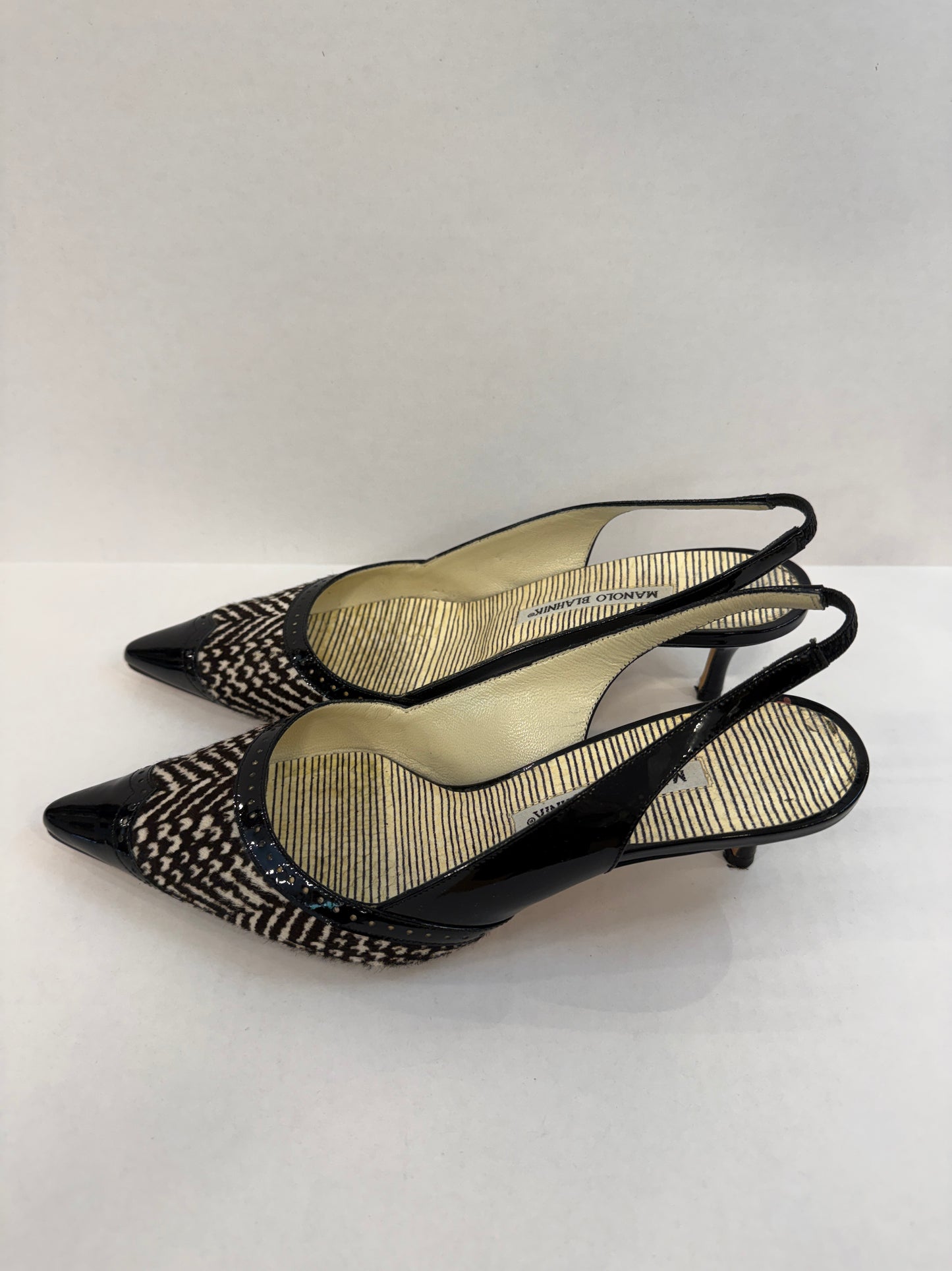 MANOLO BLAHNIK Leather & Pony hair Carolyne Kitty Heels Slingback/US8.5-EU39