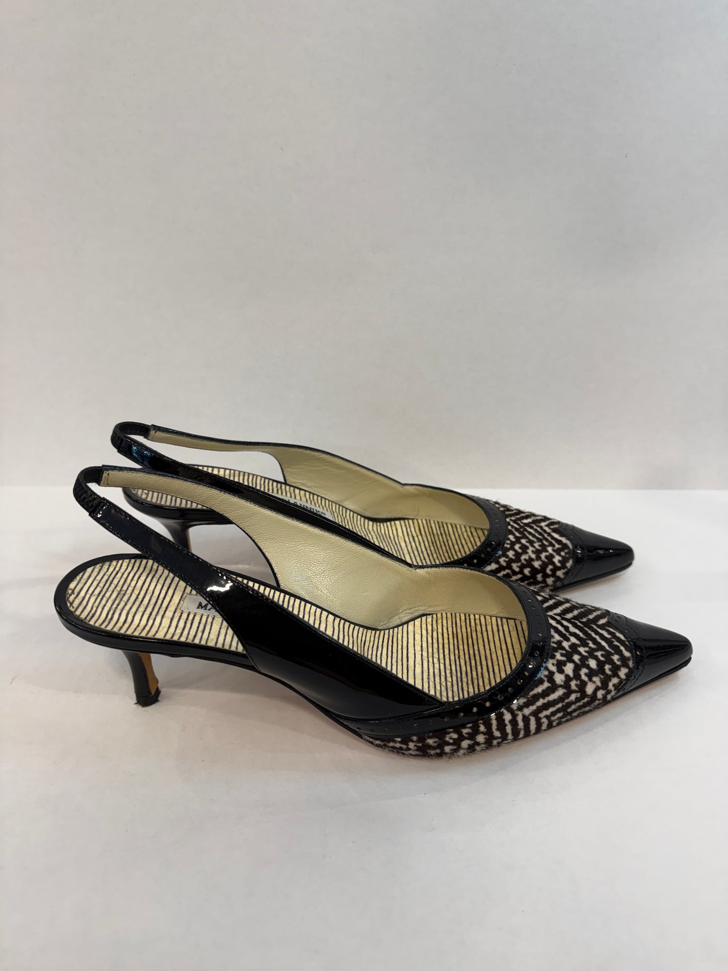 MANOLO BLAHNIK Leather & Pony hair Carolyne Kitty Heels Slingback/US8.5-EU39