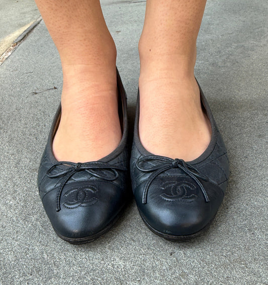 CHANEL Classic Quilted Ballerina Flats in Navy Blue Lambskin with CC Toe Cap — Authentic Pre-Owned | Size EU 36 / US 6