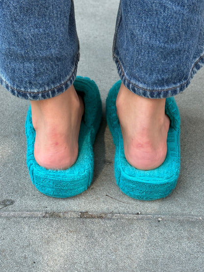 Bottega Veneta teal terry cloth Resort slides worn street style