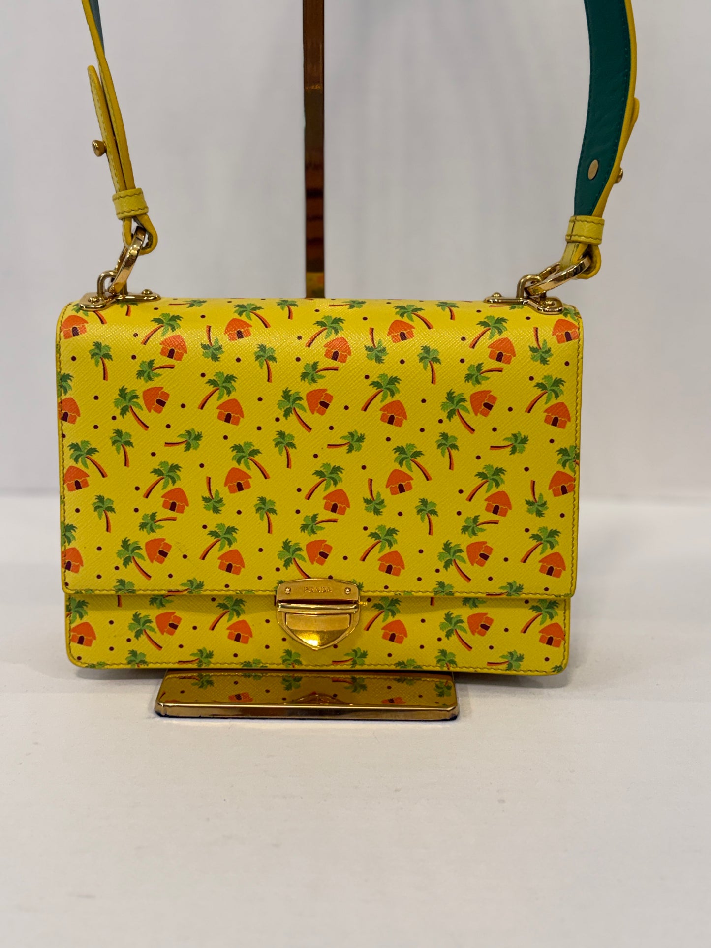 PRADA NWT Saffiano Flap Shoulder Bag in Yellow Palm Print — Authentic Pre-Owned | Crossbody