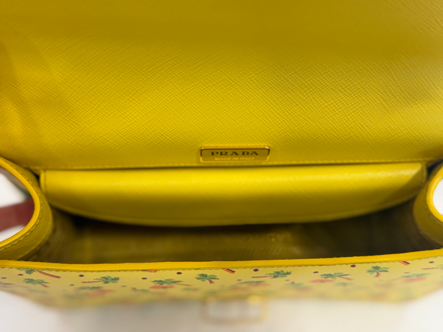PRADA NWT Saffiano Flap Shoulder Bag in Yellow Palm Print — Authentic Pre-Owned | Crossbody