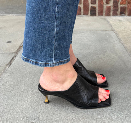BOTTEGA VENETA Square-Toe Mule Sandals in Black Leather with Gold Sculptural Heel — Authentic Pre-Owned | Daniel Lee | US8.5-EU39