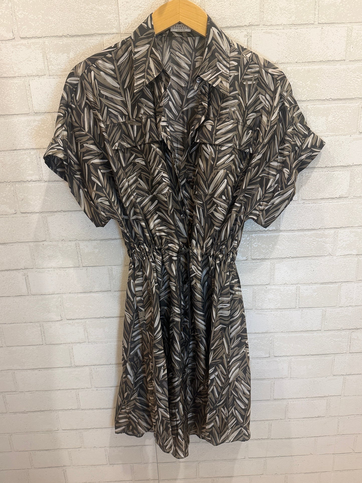 BRUNELLO CUCINELLI Silk Shirt Dress with Drawstring Waist in Tonal Leaf Print — Authentic Pre-Owned | Quiet Luxury | XS
