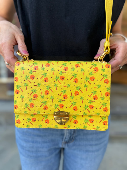 PRADA NWT Saffiano Flap Shoulder Bag in Yellow Palm Print — Authentic Pre-Owned | Crossbody