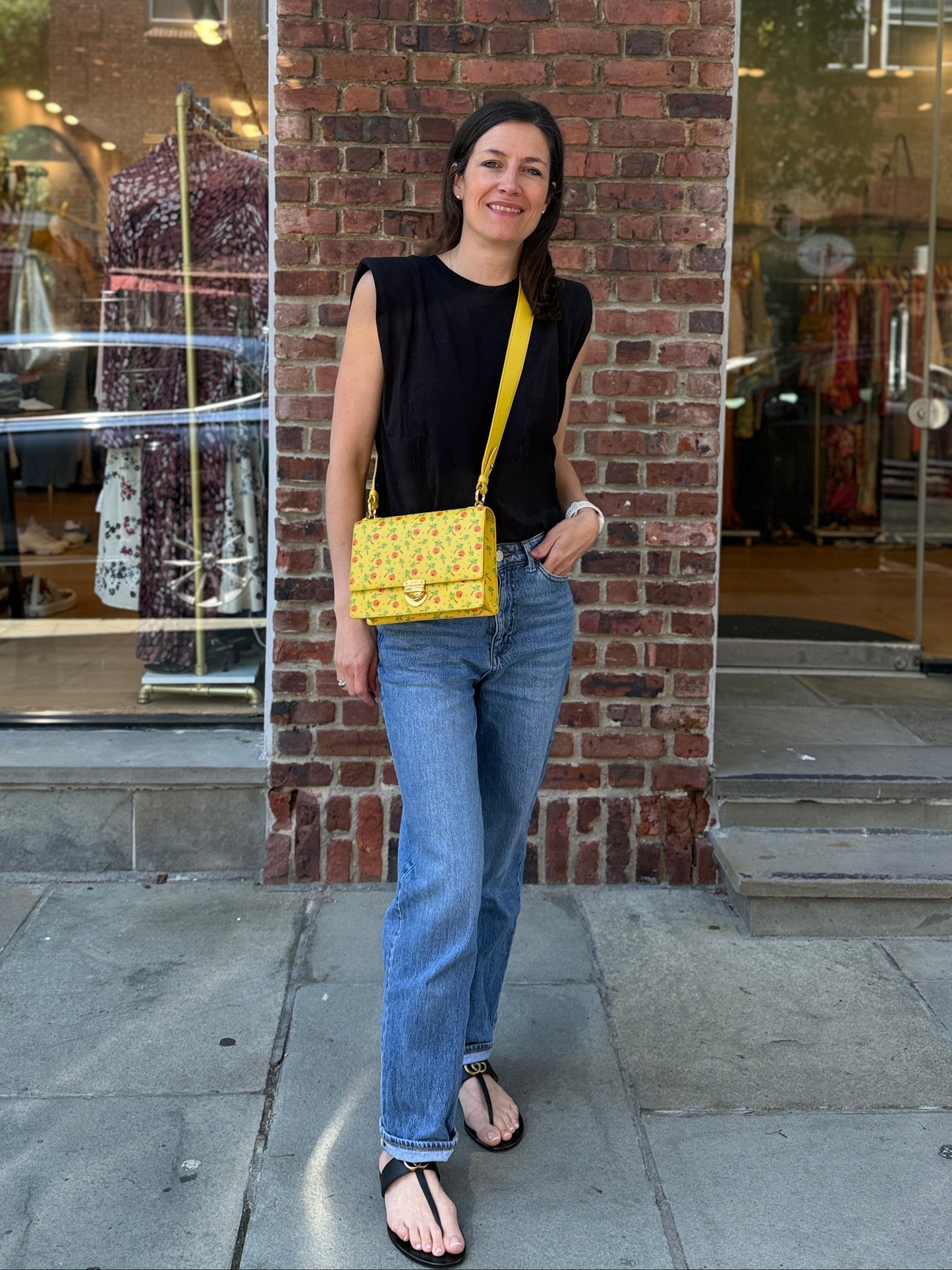 PRADA NWT Saffiano Flap Shoulder Bag in Yellow Palm Print — Authentic Pre-Owned | Crossbody