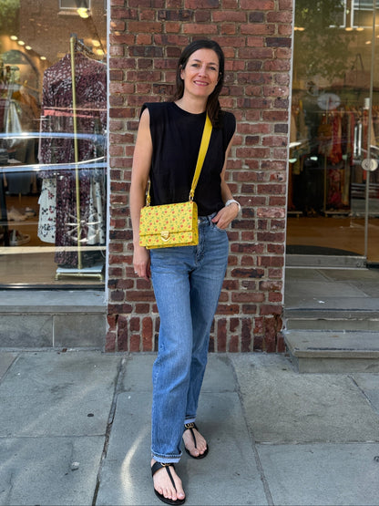 PRADA NWT Saffiano Flap Shoulder Bag in Yellow Palm Print — Authentic Pre-Owned | Crossbody