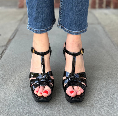 SAINT LAURENT Tribute Platform Sandals in Black Patent Leather — Authentic Pre-Owned | Iconic YSL | US8.5-EU39