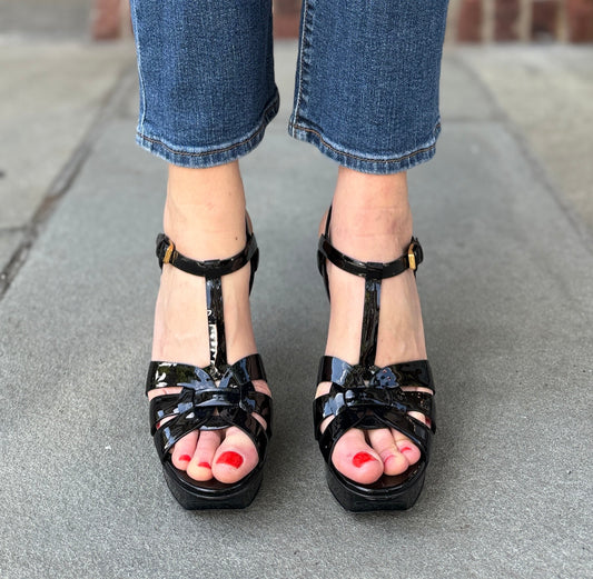 SAINT LAURENT Patent Leather Tribute Platform Sandals/US8.5-EU39