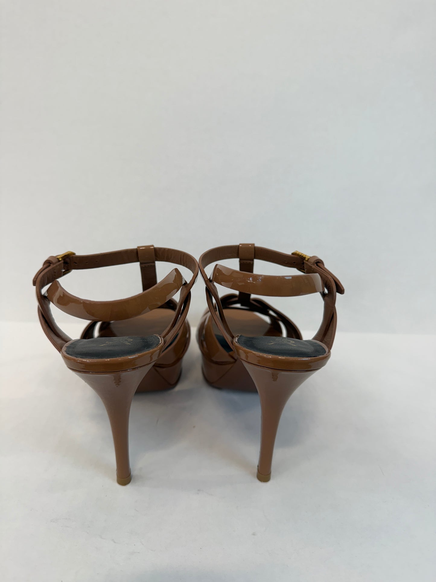 SAINT LAURENT Tribute Platform Sandals in Black Patent Leather — Authentic Pre-Owned | Iconic YSL | US8.5-EU39