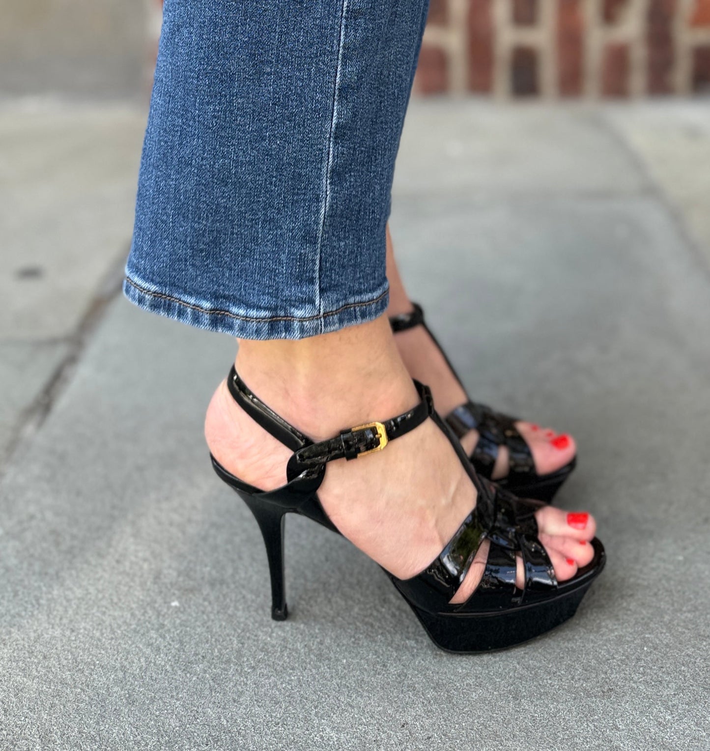 SAINT LAURENT Tribute Platform Sandals in Black Patent Leather — Authentic Pre-Owned | Iconic YSL | US8.5-EU39