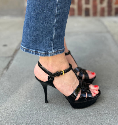 SAINT LAURENT Tribute Platform Sandals in Black Patent Leather — Authentic Pre-Owned | Iconic YSL | US8.5-EU39