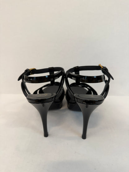 SAINT LAURENT Tribute Platform Sandals in Black Patent Leather — Authentic Pre-Owned | Iconic YSL | US8.5-EU39
