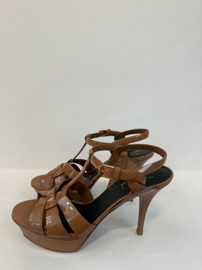 SAINT LAURENT Tribute Platform Sandals in Black Patent Leather — Authentic Pre-Owned | Iconic YSL | US8.5-EU39