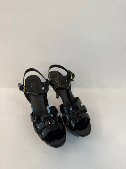SAINT LAURENT Tribute Platform Sandals in Black Patent Leather — Authentic Pre-Owned | Iconic YSL | US8.5-EU39