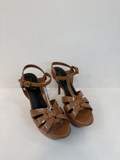 SAINT LAURENT Tribute Platform Sandals in Black Patent Leather — Authentic Pre-Owned | Iconic YSL | US8.5-EU39