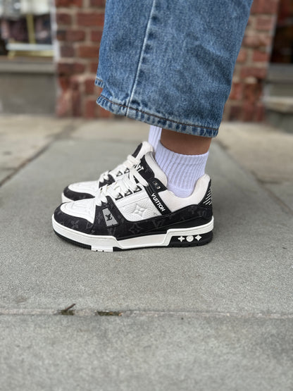 LOUIS VUITTON  LV Trainer Sneakers in White Leather & Black Monogram Denim — Authentic Pre-Owned | Virgil Abloh | US7-EU37.5