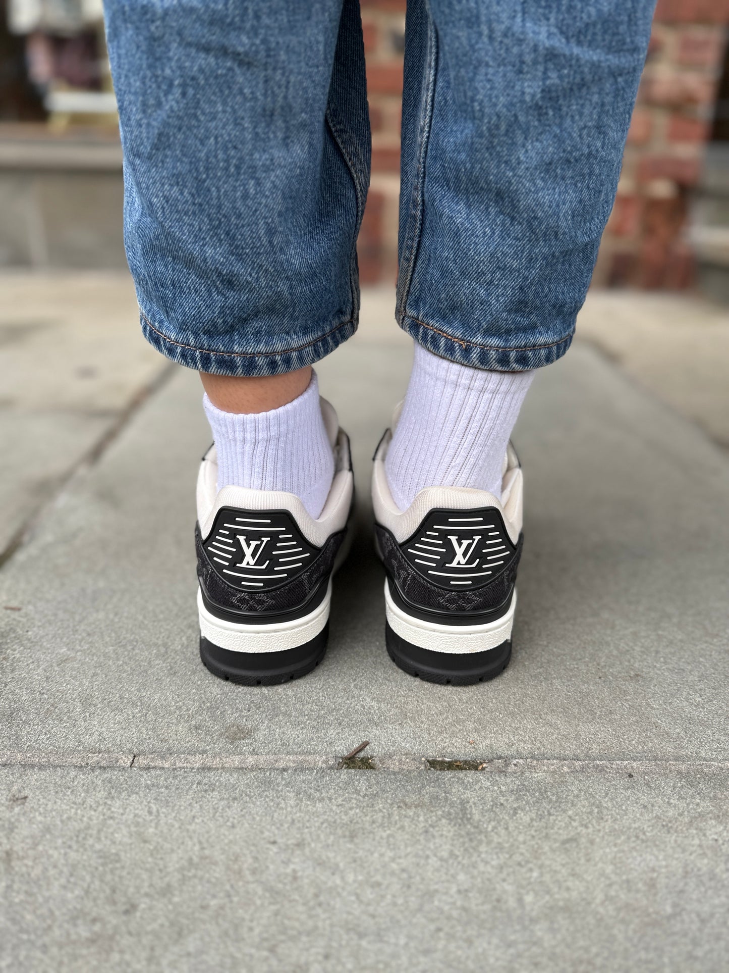 LOUIS VUITTON  LV Trainer Sneakers in White Leather & Black Monogram Denim — Authentic Pre-Owned | Virgil Abloh | US7-EU37.5