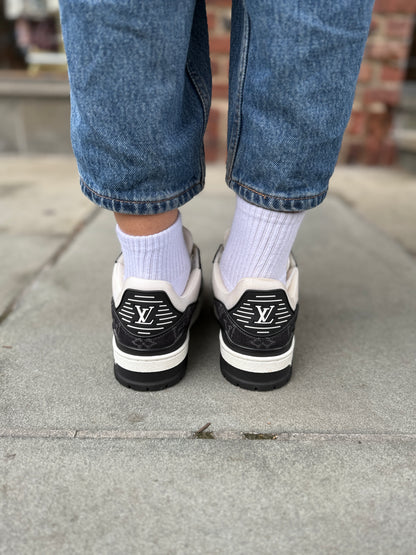 LOUIS VUITTON  LV Trainer Sneakers in White Leather & Black Monogram Denim — Authentic Pre-Owned | Virgil Abloh | US7-EU37.5