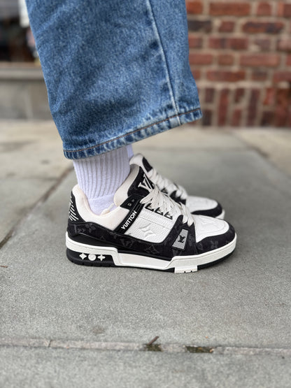 LOUIS VUITTON  LV Trainer Sneakers in White Leather & Black Monogram Denim — Authentic Pre-Owned | Virgil Abloh | US7-EU37.5