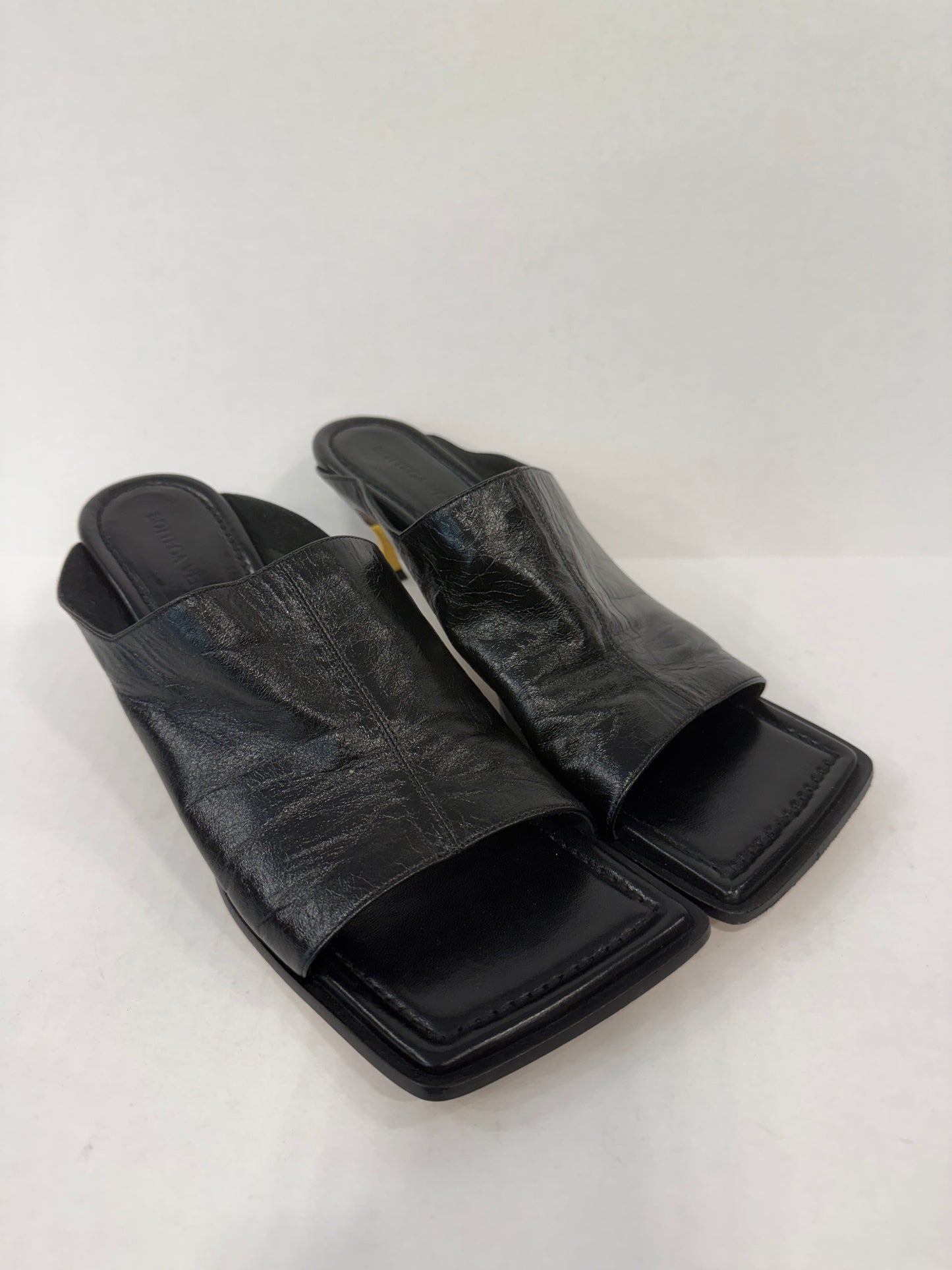 BOTTEGA VENETA Square-Toe Mule Sandals in Black Leather with Gold Sculptural Heel — Authentic Pre-Owned | Daniel Lee | US8.5-EU39