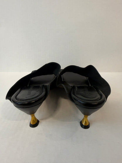 BOTTEGA VENETA Square-Toe Mule Sandals in Black Leather with Gold Sculptural Heel — Authentic Pre-Owned | Daniel Lee | US8.5-EU39