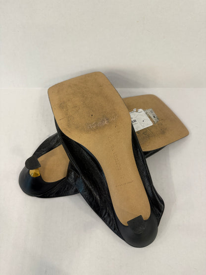 BOTTEGA VENETA Square-Toe Mule Sandals in Black Leather with Gold Sculptural Heel — Authentic Pre-Owned | Daniel Lee | US8.5-EU39