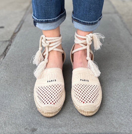 DIOR Granville Espadrille Flats in Mesh Canvas with Ankle Tie — Authentic Pre-Owned | Size EU 40 / US 9